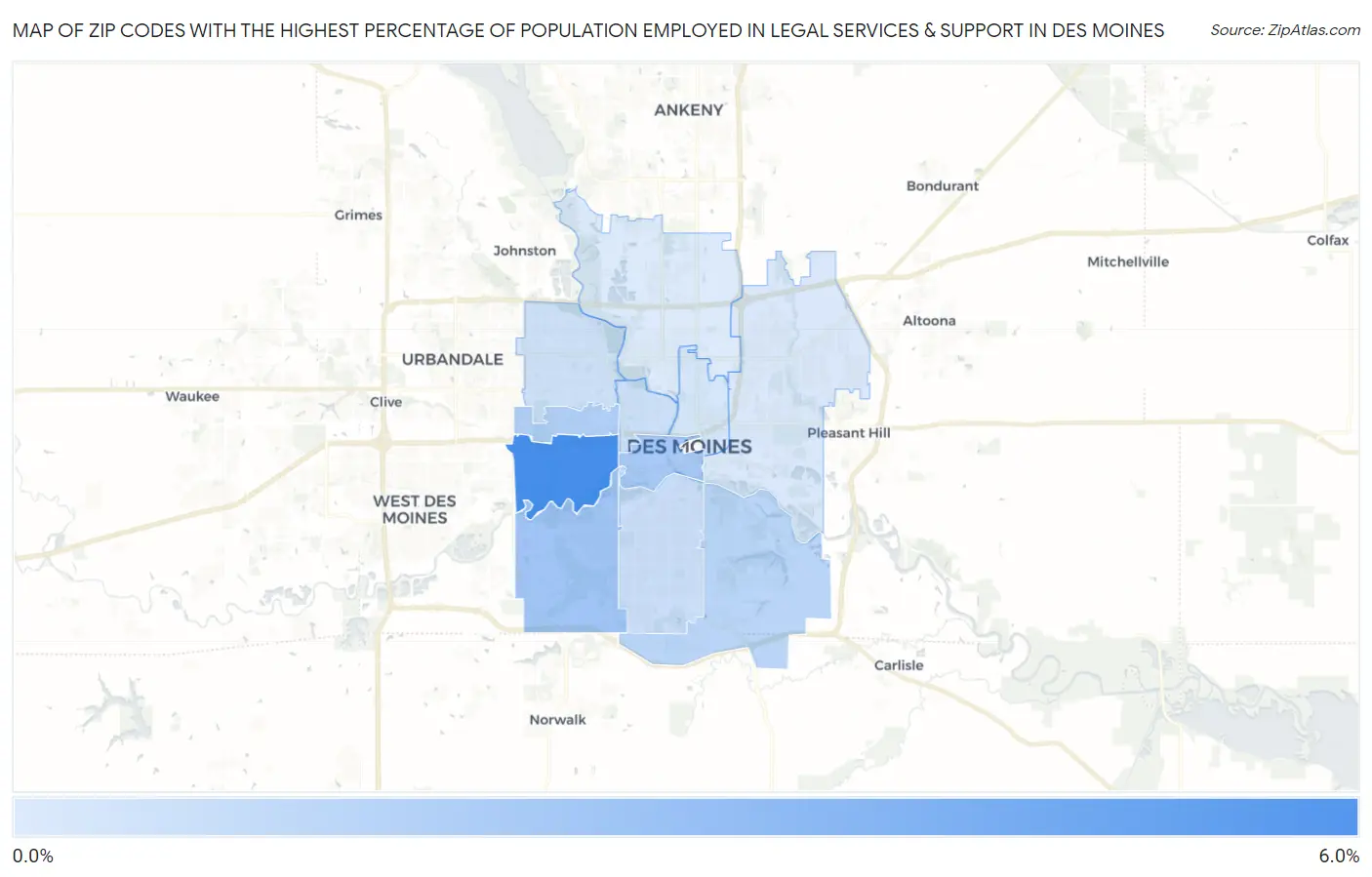 Zip Codes with the Highest Percentage of Population Employed in Legal Services & Support in Des Moines Map