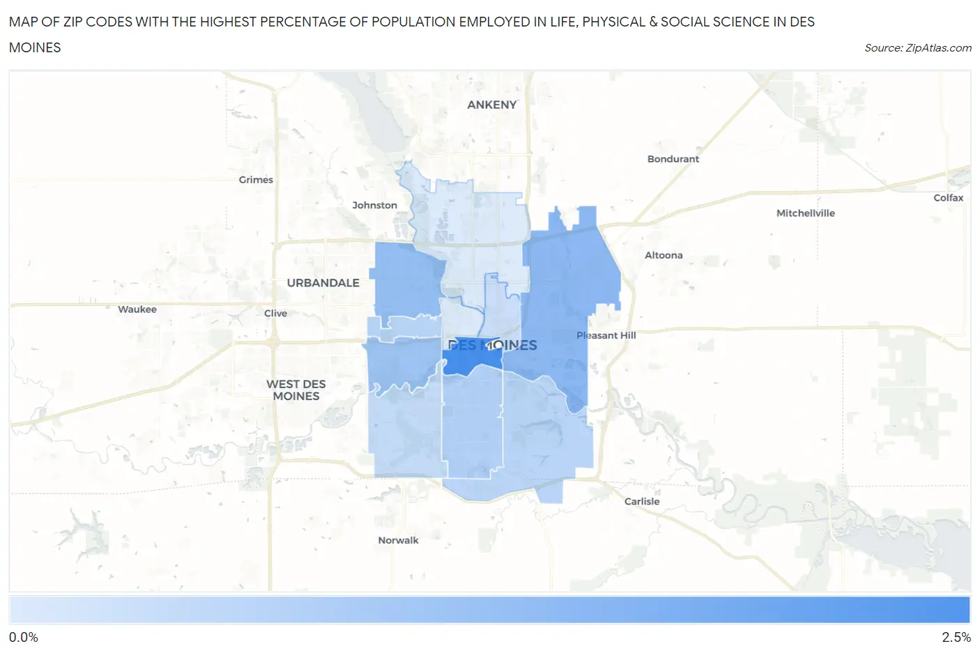 Zip Codes with the Highest Percentage of Population Employed in Life, Physical & Social Science in Des Moines Map