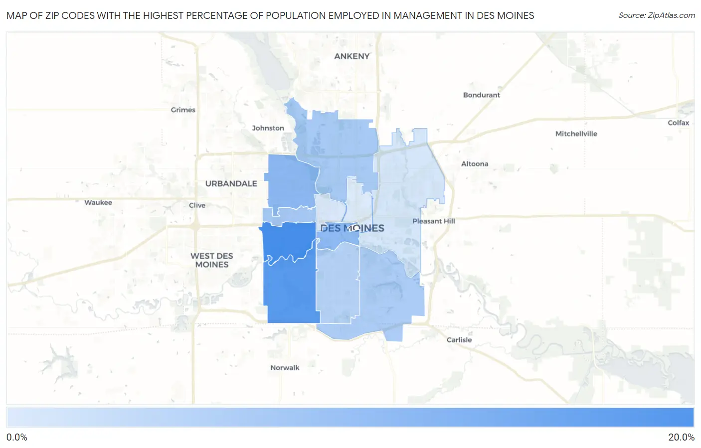 Zip Codes with the Highest Percentage of Population Employed in Management in Des Moines Map