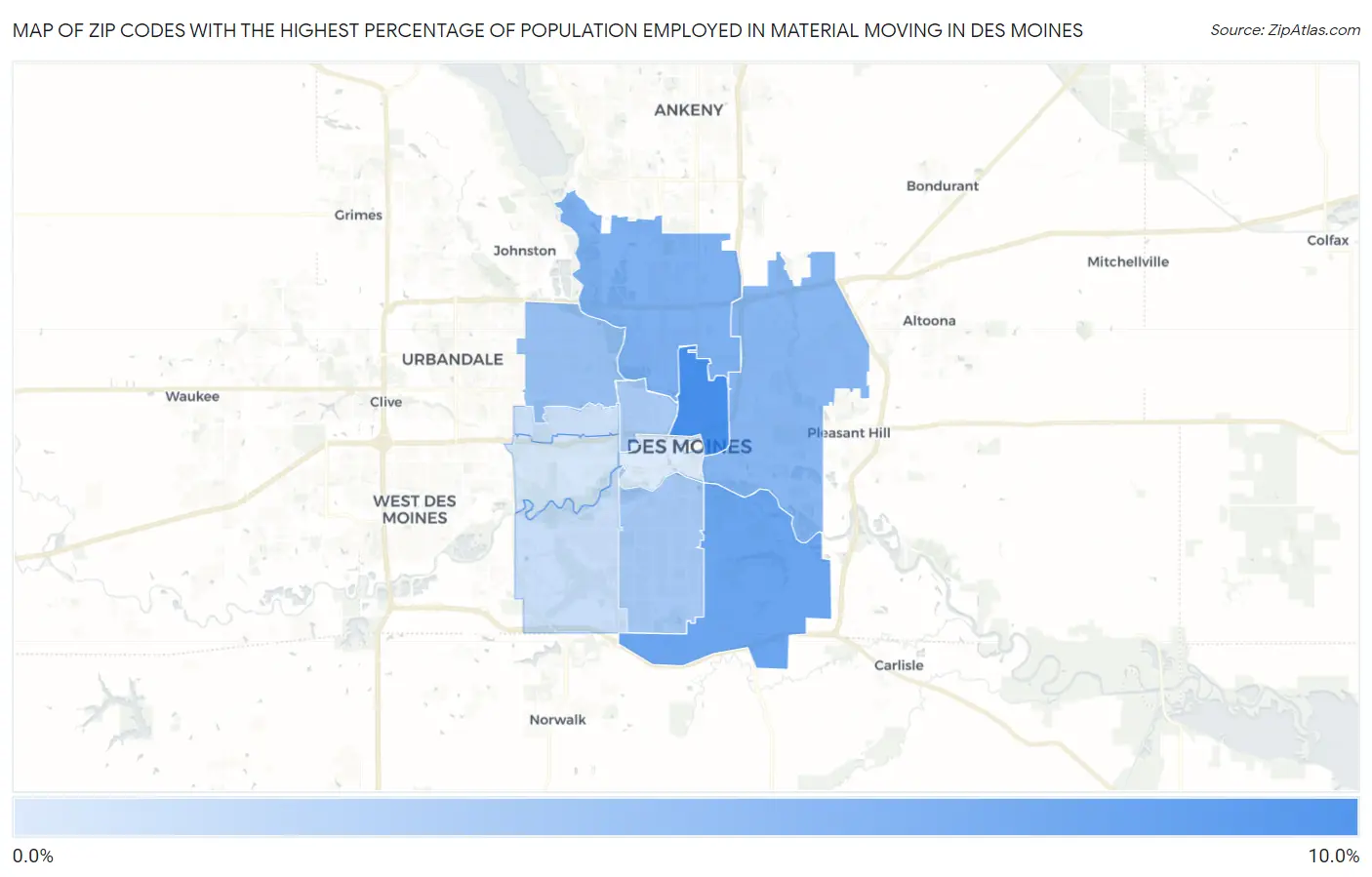 Zip Codes with the Highest Percentage of Population Employed in Material Moving in Des Moines Map