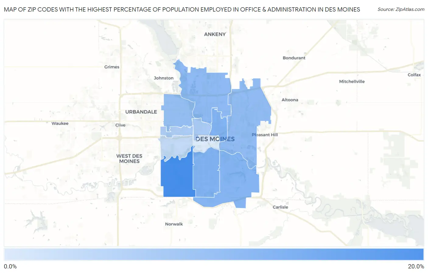 Zip Codes with the Highest Percentage of Population Employed in Office & Administration in Des Moines Map