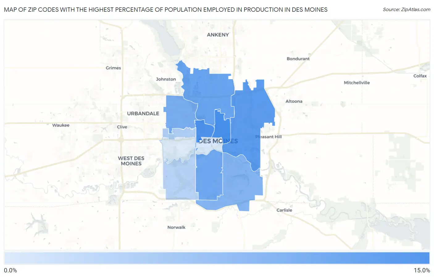 Zip Codes with the Highest Percentage of Population Employed in Production in Des Moines Map