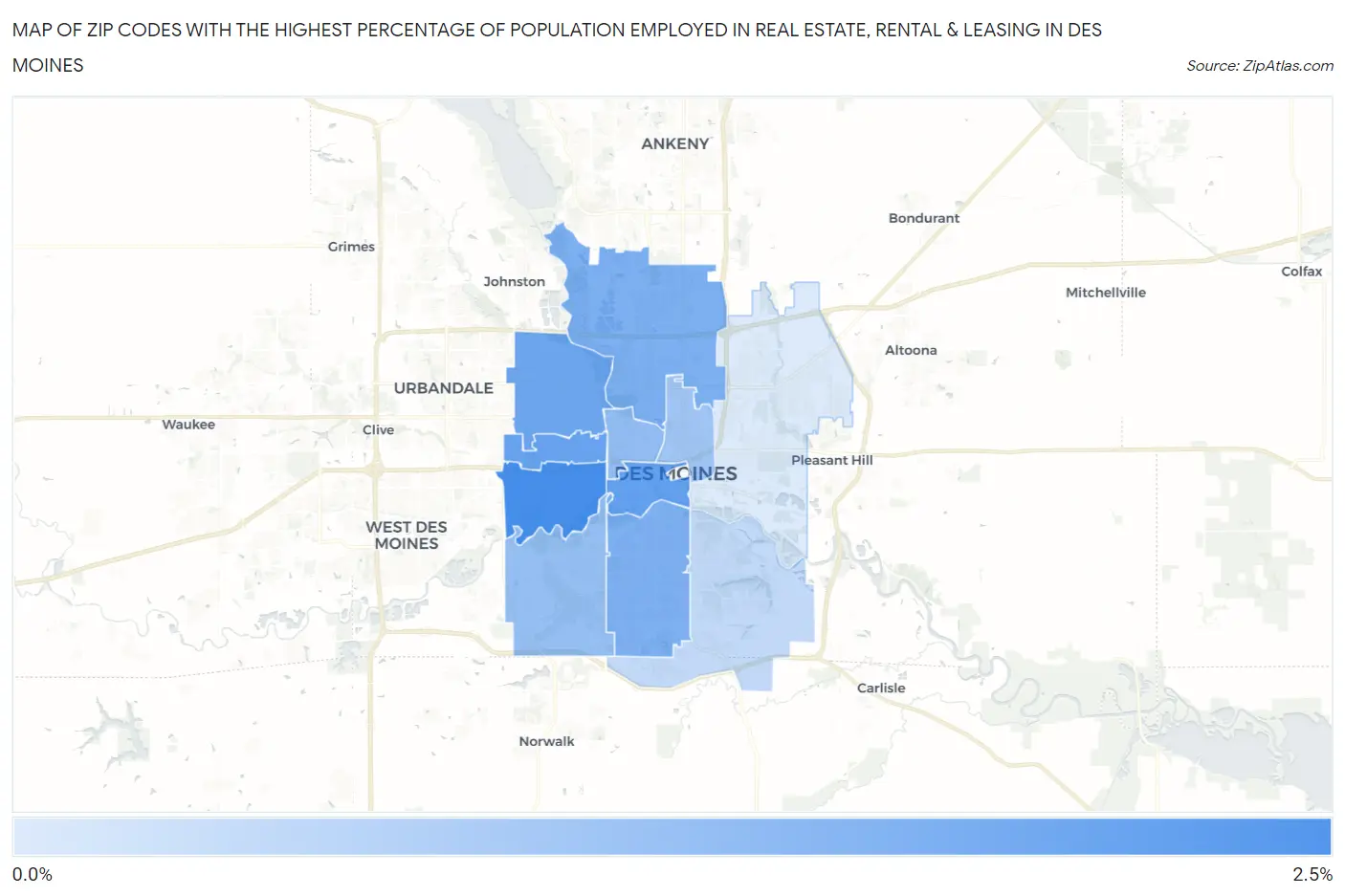 Zip Codes with the Highest Percentage of Population Employed in Real Estate, Rental & Leasing in Des Moines Map