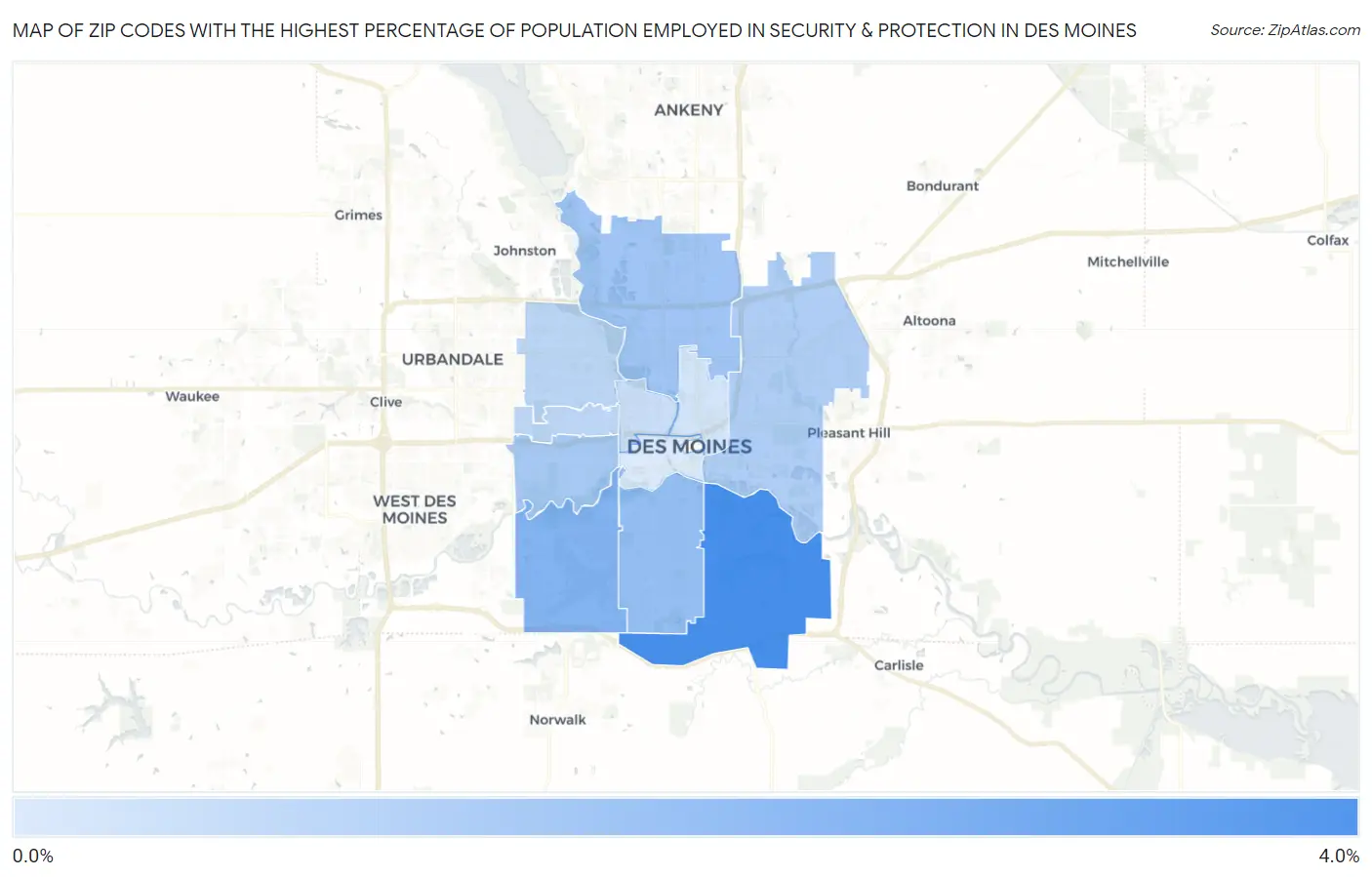 Zip Codes with the Highest Percentage of Population Employed in Security & Protection in Des Moines Map