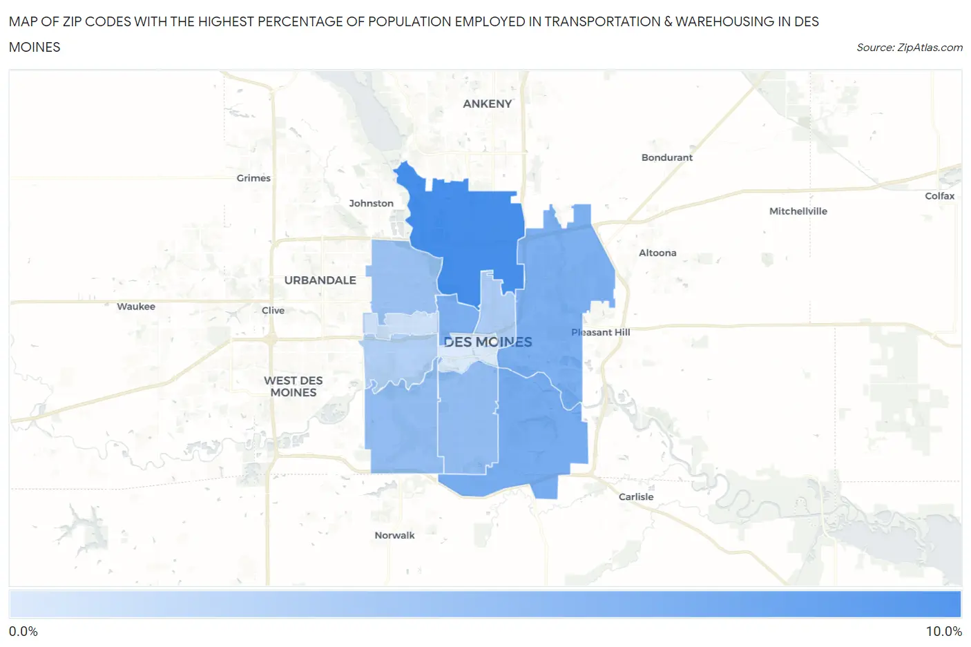 Zip Codes with the Highest Percentage of Population Employed in Transportation & Warehousing in Des Moines Map