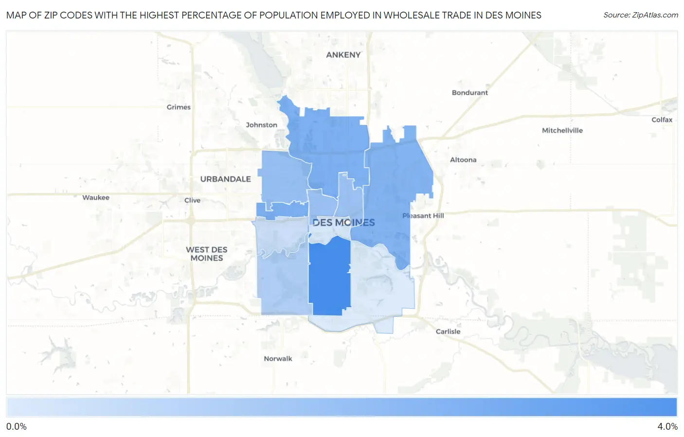 Zip Codes with the Highest Percentage of Population Employed in Wholesale Trade in Des Moines Map