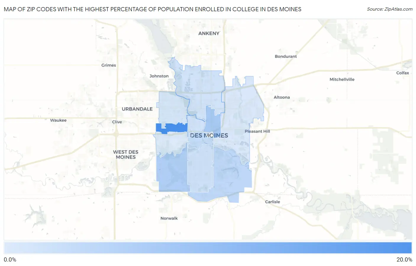 Zip Codes with the Highest Percentage of Population Enrolled in College in Des Moines Map