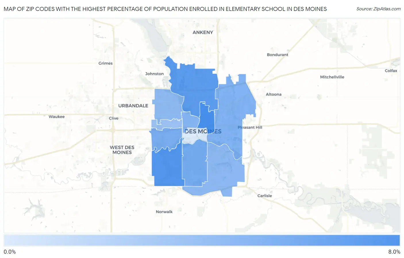 Zip Codes with the Highest Percentage of Population Enrolled in Elementary School in Des Moines Map
