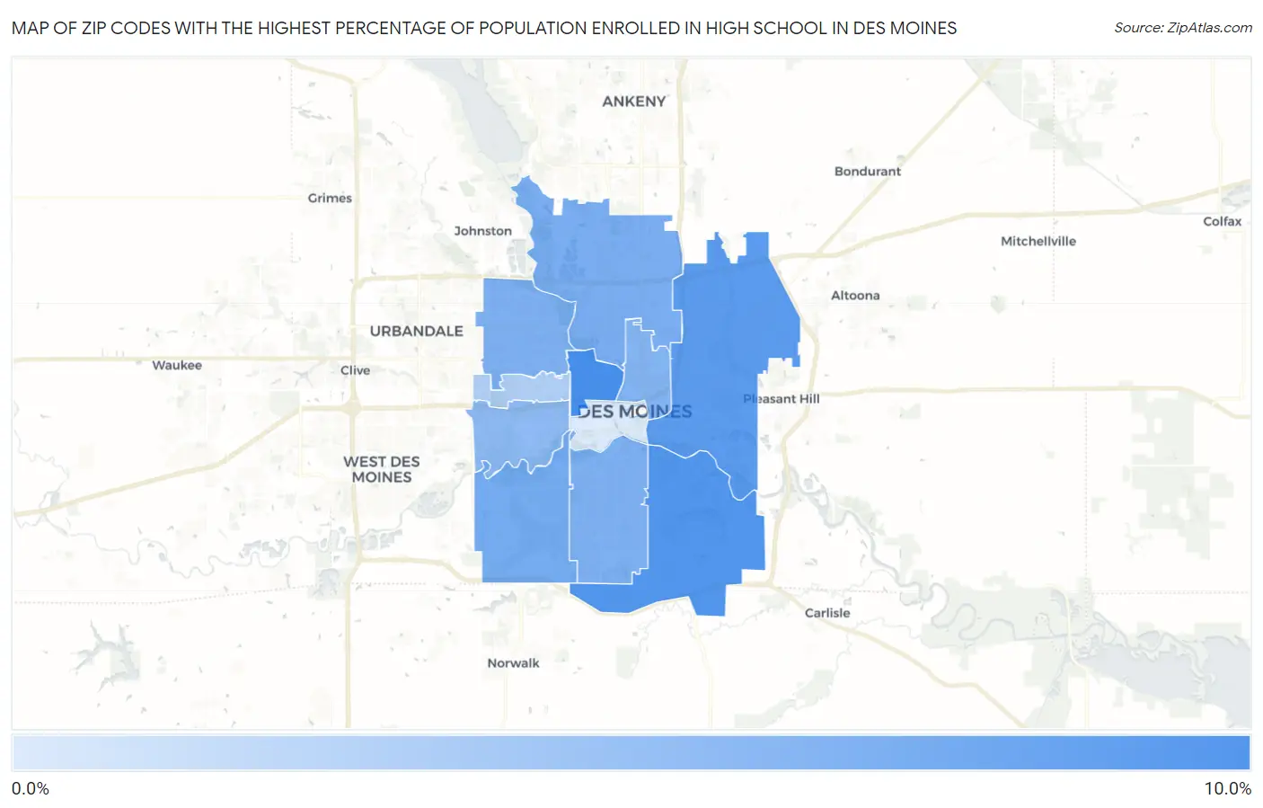 Zip Codes with the Highest Percentage of Population Enrolled in High School in Des Moines Map