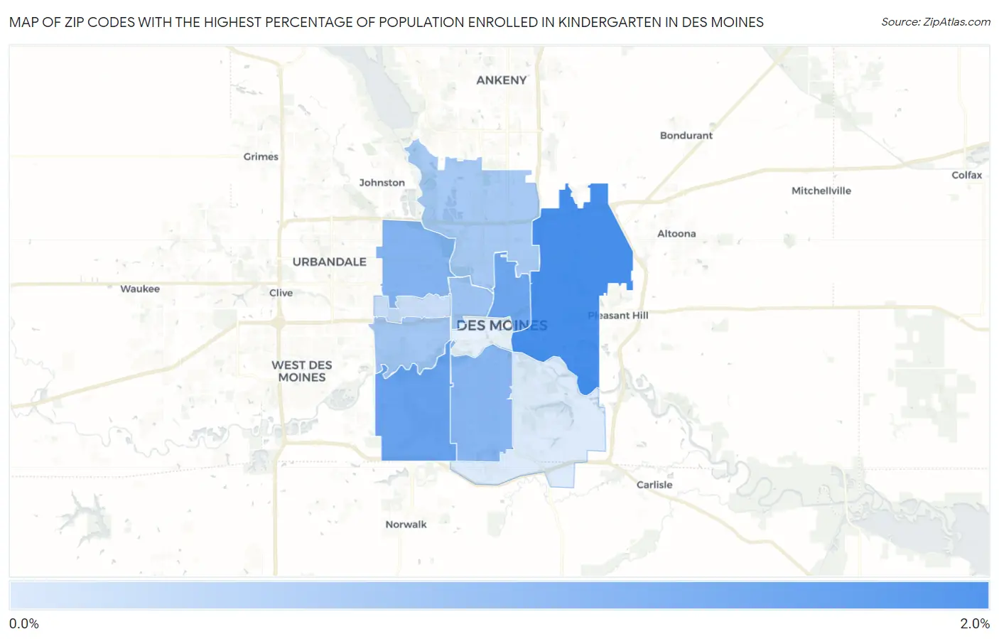 Zip Codes with the Highest Percentage of Population Enrolled in Kindergarten in Des Moines Map