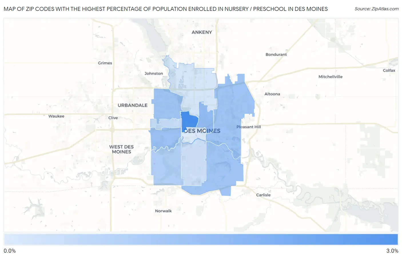 Zip Codes with the Highest Percentage of Population Enrolled in Nursery / Preschool in Des Moines Map