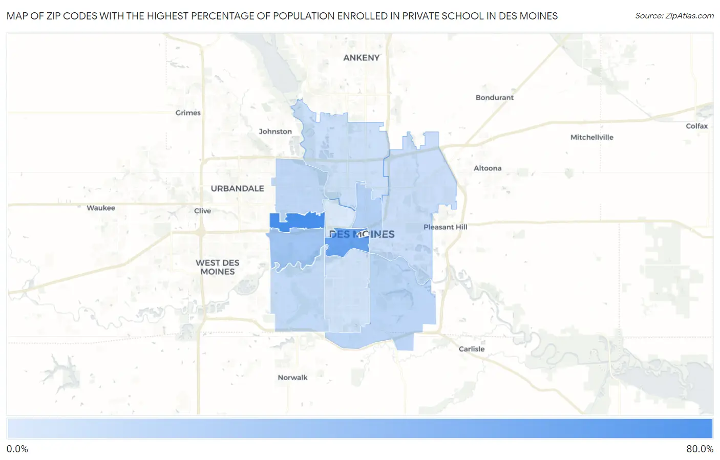 Zip Codes with the Highest Percentage of Population Enrolled in Private School in Des Moines Map