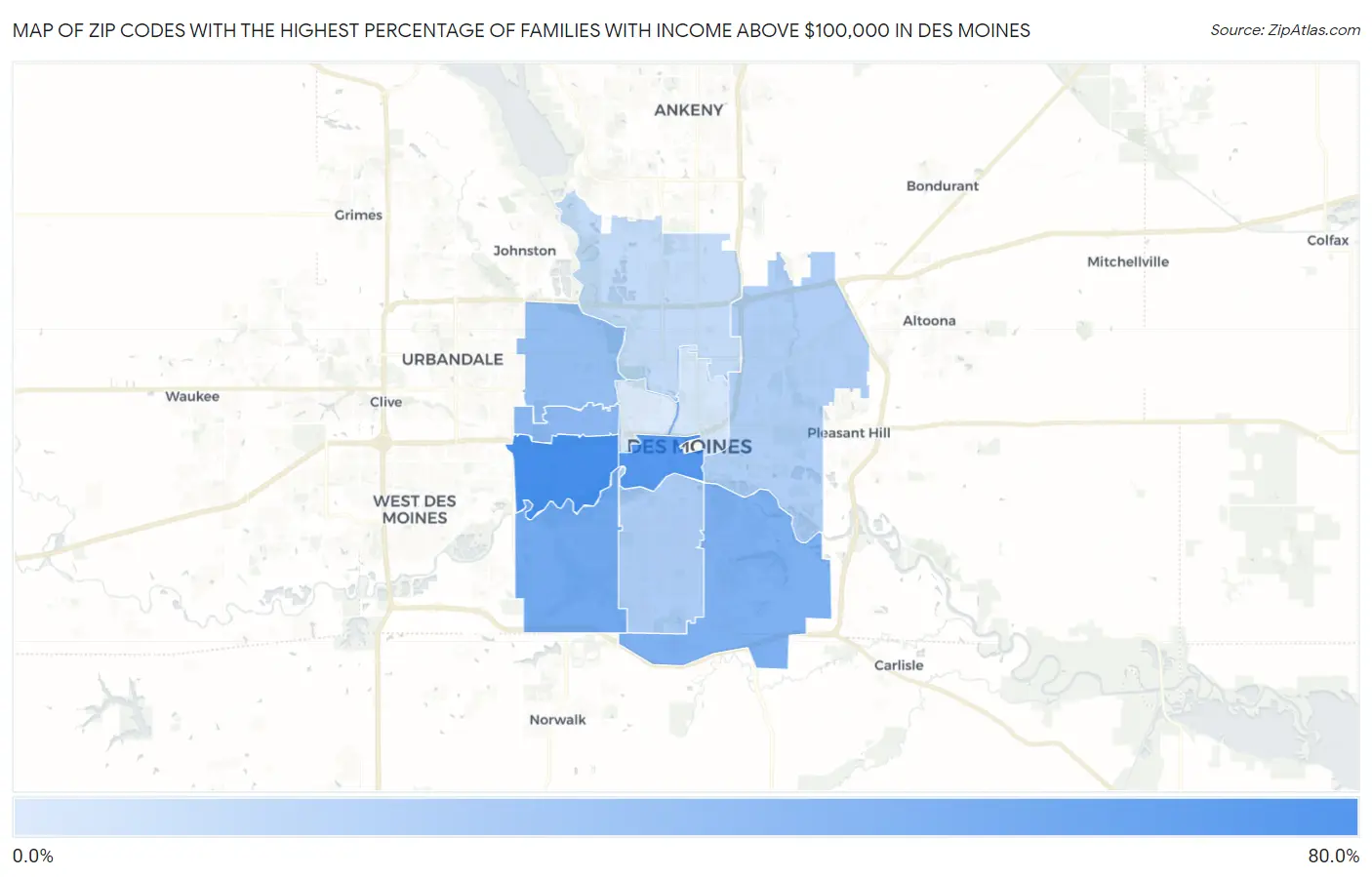 Zip Codes with the Highest Percentage of Families with Income Above $100,000 in Des Moines Map