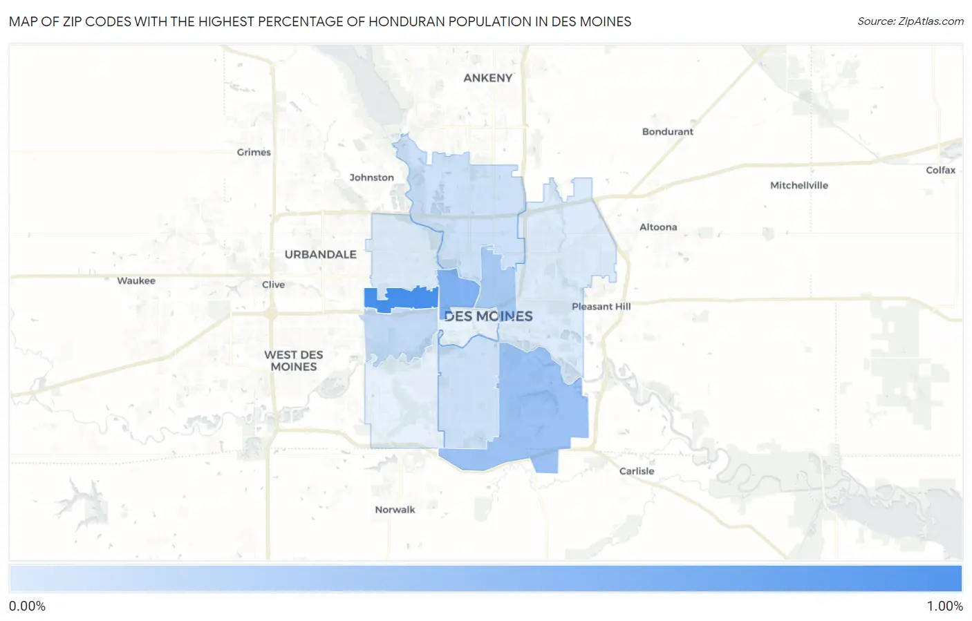 Zip Codes with the Highest Percentage of Honduran Population in Des Moines Map