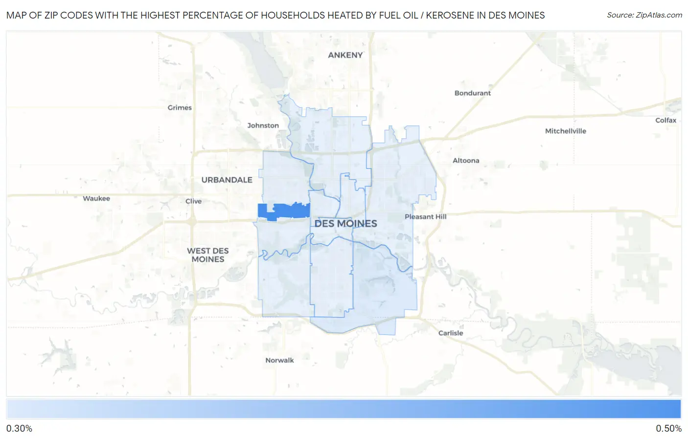 Zip Codes with the Highest Percentage of Households Heated by Fuel Oil / Kerosene in Des Moines Map