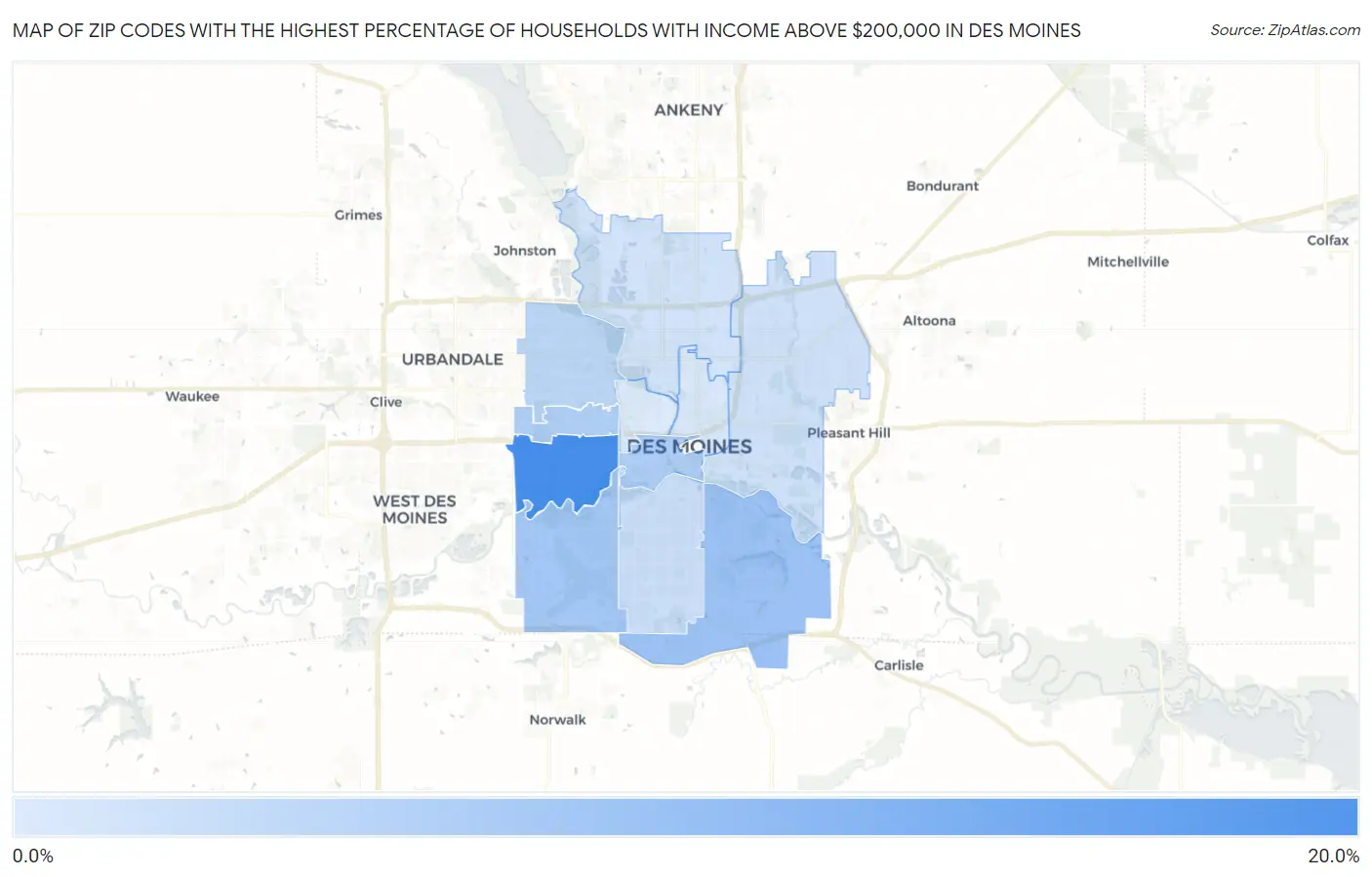 Zip Codes with the Highest Percentage of Households with Income Above $200,000 in Des Moines Map