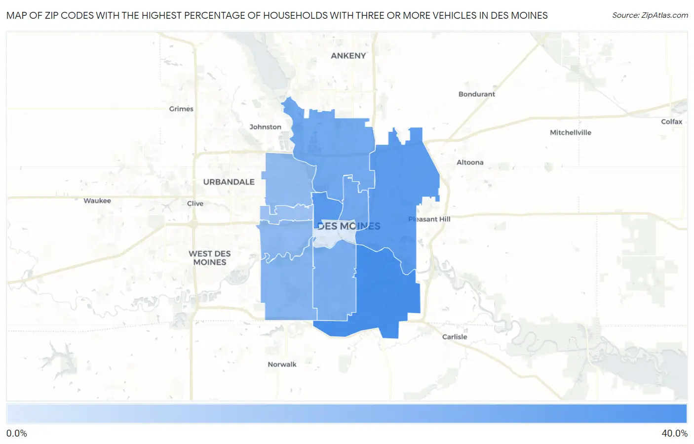 Zip Codes with the Highest Percentage of Households With Three or more Vehicles in Des Moines Map