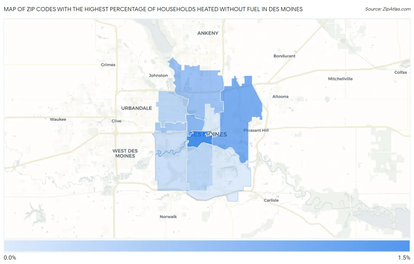 Zip Codes with the Highest Percentage of Households Heated without Fuel in Des Moines Map