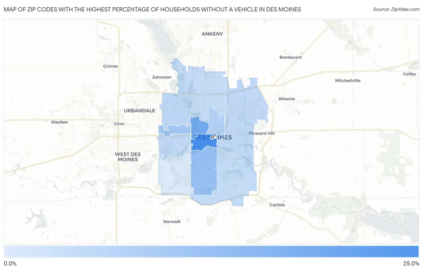Zip Codes with the Highest Percentage of Households Without a Vehicle in Des Moines Map