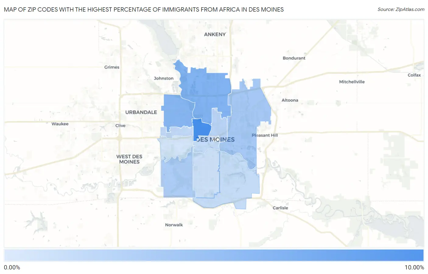 Zip Codes with the Highest Percentage of Immigrants from Africa in Des Moines Map