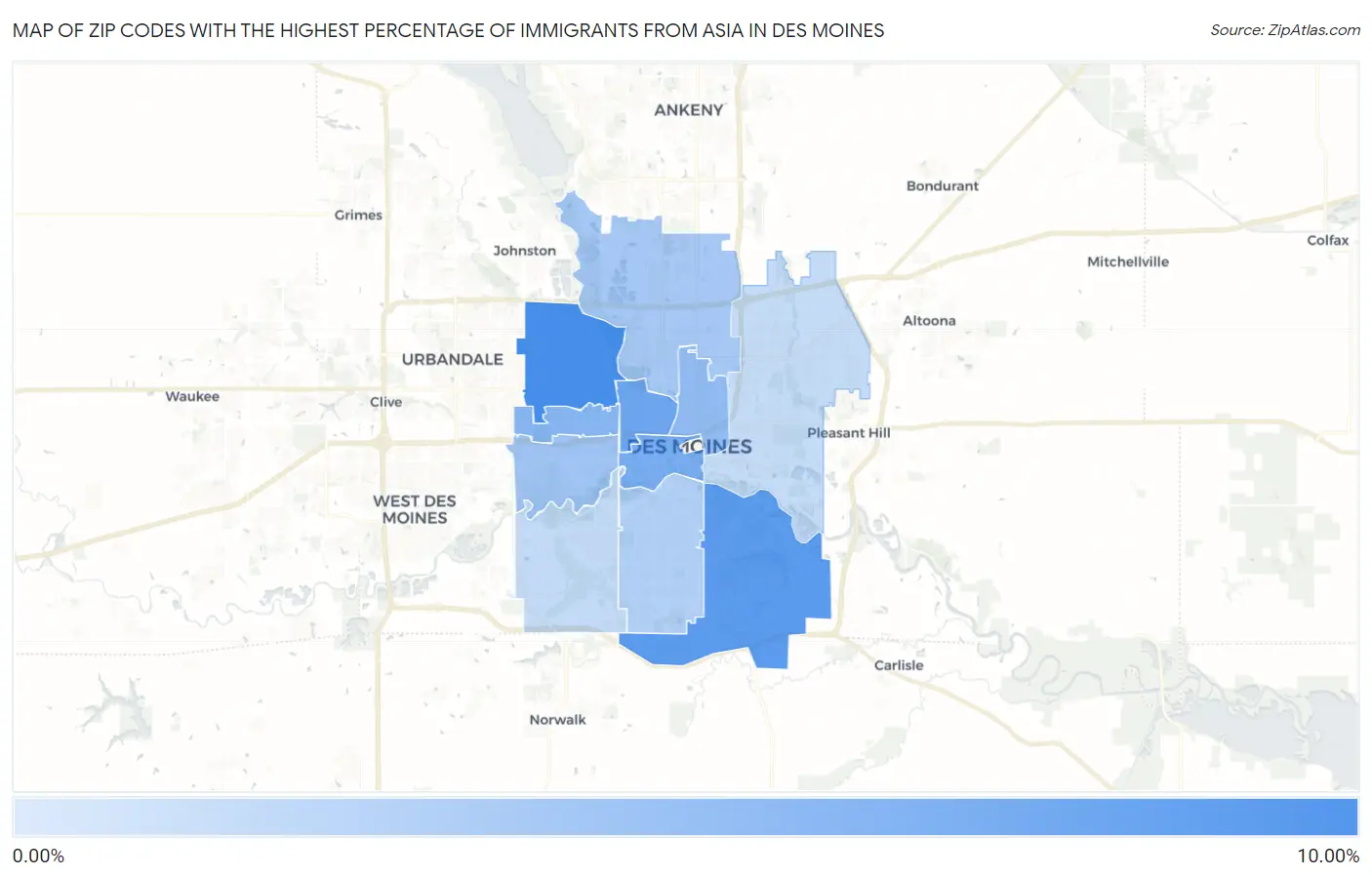 Zip Codes with the Highest Percentage of Immigrants from Asia in Des Moines Map