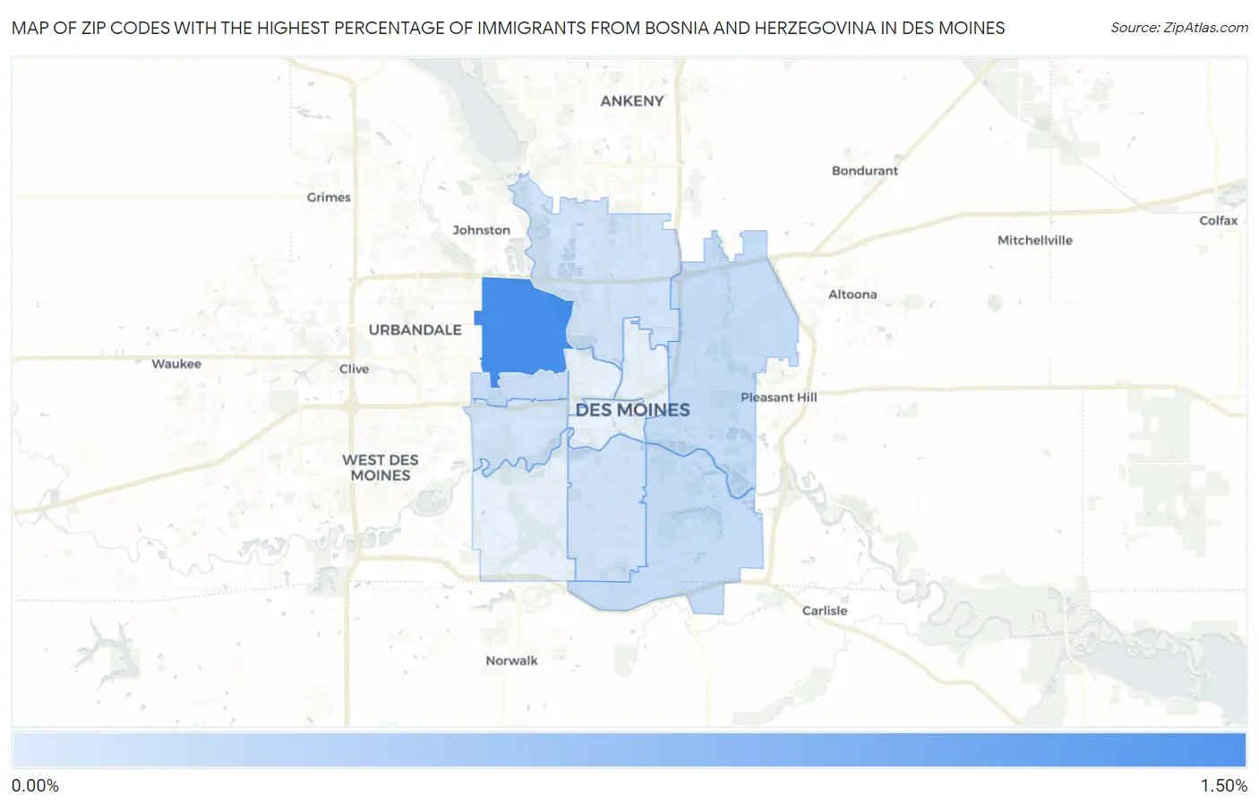 Zip Codes with the Highest Percentage of Immigrants from Bosnia and Herzegovina in Des Moines Map