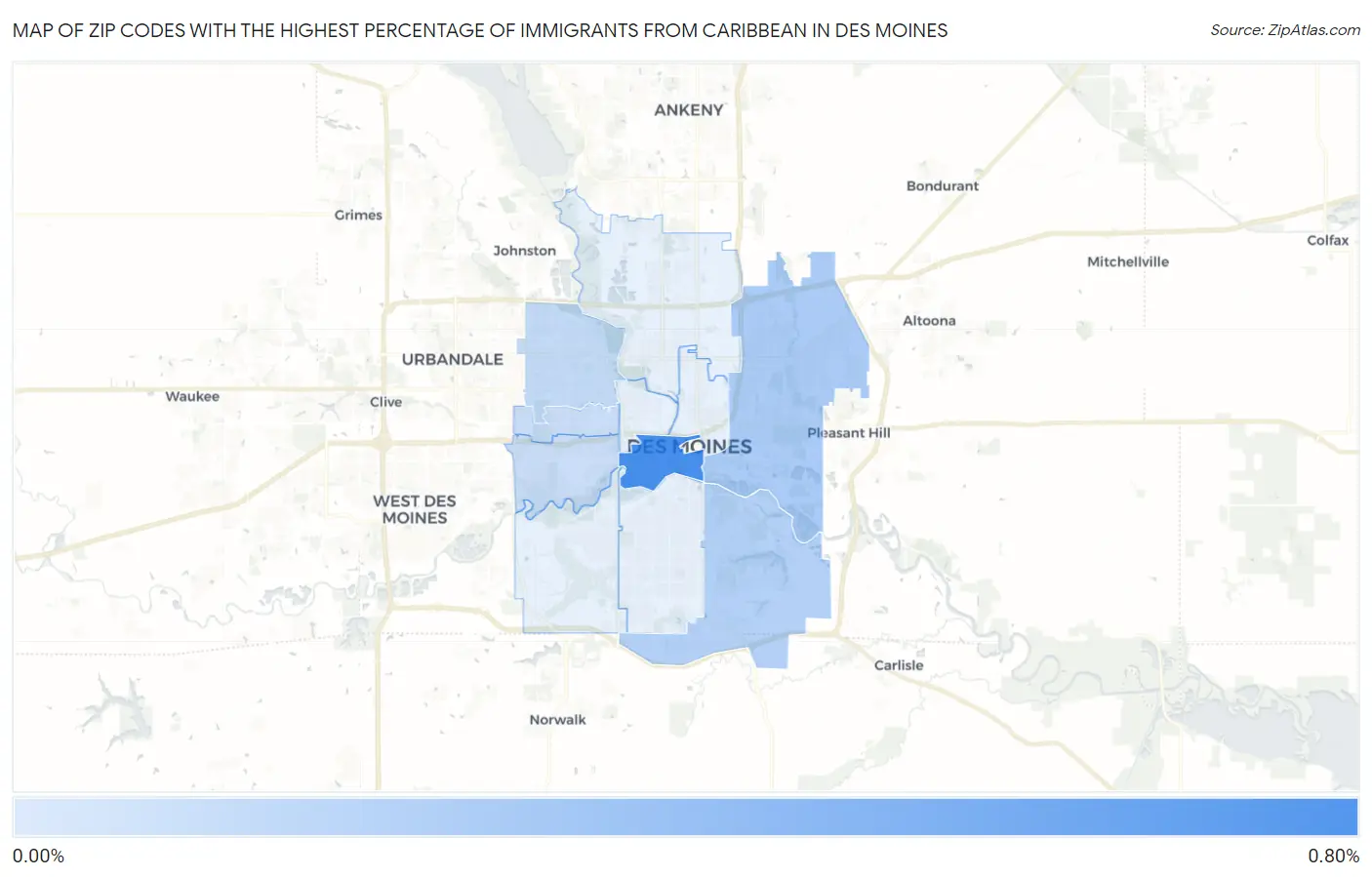 Zip Codes with the Highest Percentage of Immigrants from Caribbean in Des Moines Map