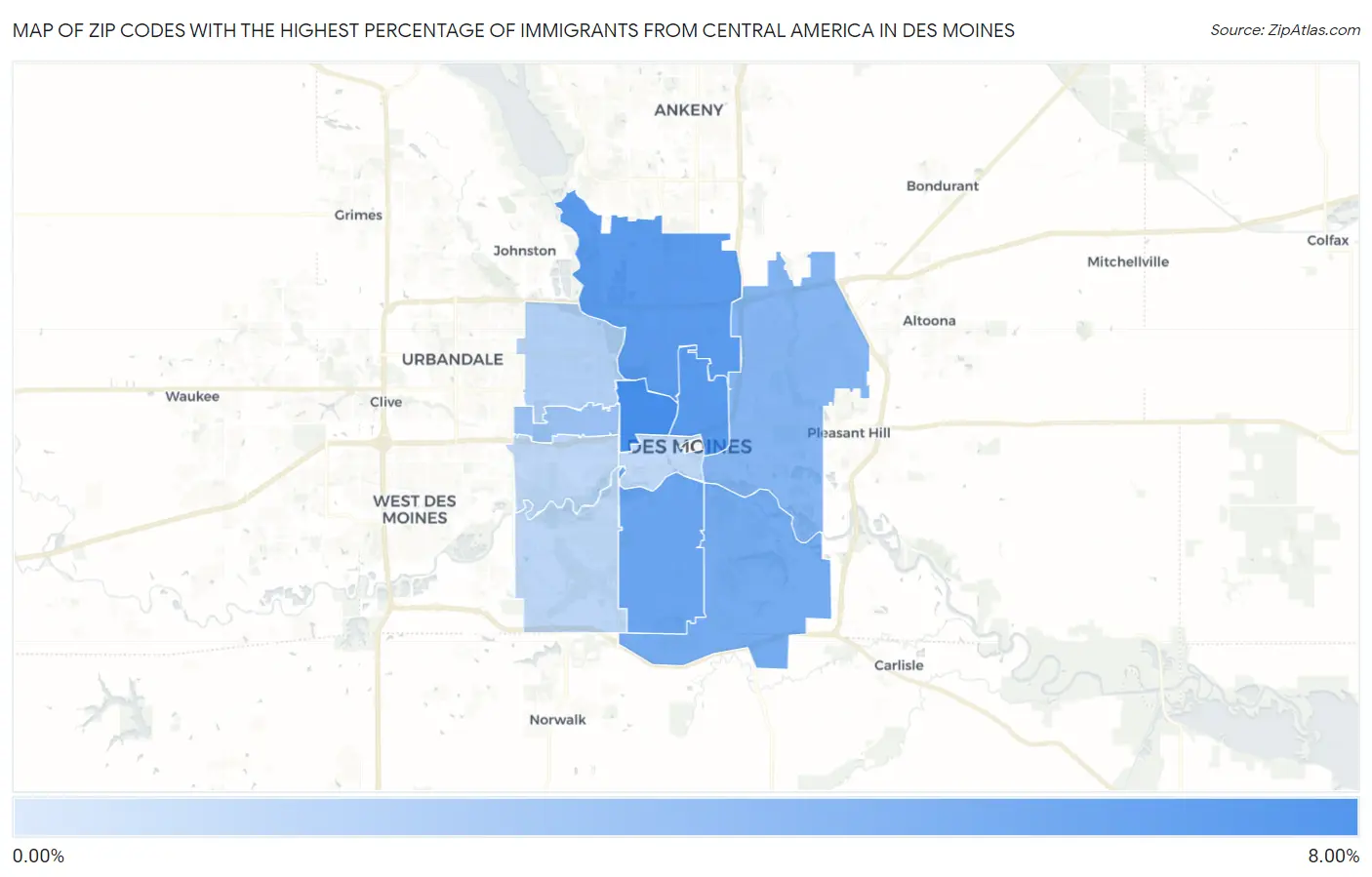 Zip Codes with the Highest Percentage of Immigrants from Central America in Des Moines Map