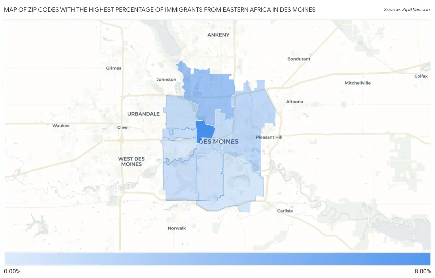 Zip Codes with the Highest Percentage of Immigrants from Eastern Africa in Des Moines Map