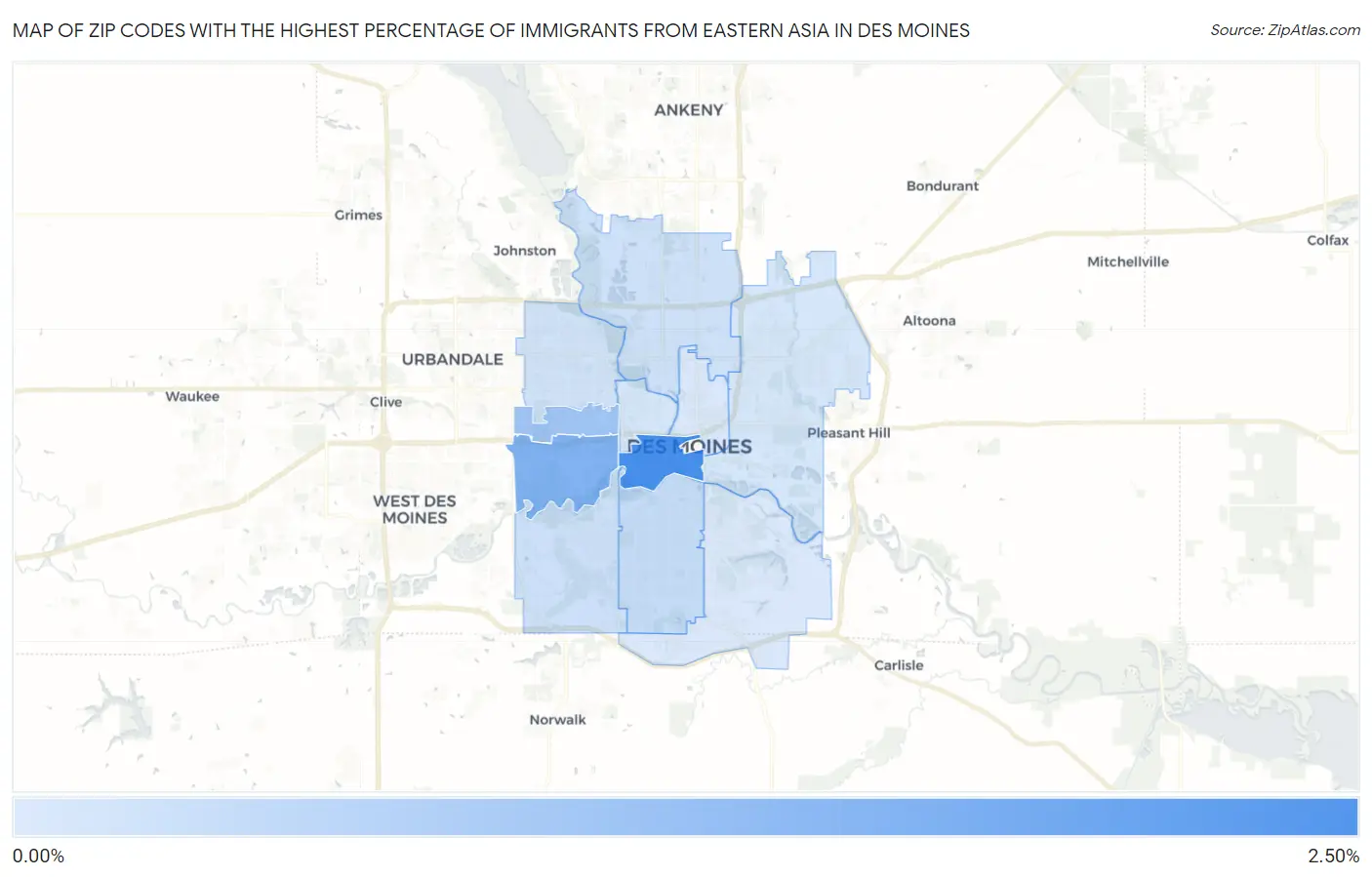 Zip Codes with the Highest Percentage of Immigrants from Eastern Asia in Des Moines Map