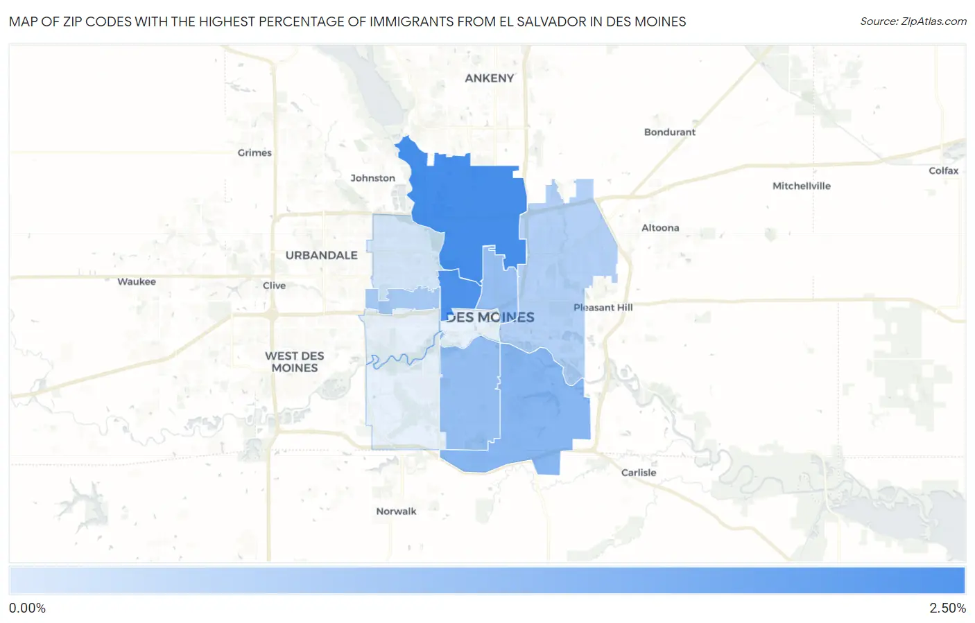Zip Codes with the Highest Percentage of Immigrants from El Salvador in Des Moines Map