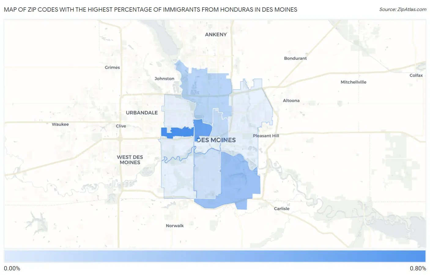 Zip Codes with the Highest Percentage of Immigrants from Honduras in Des Moines Map