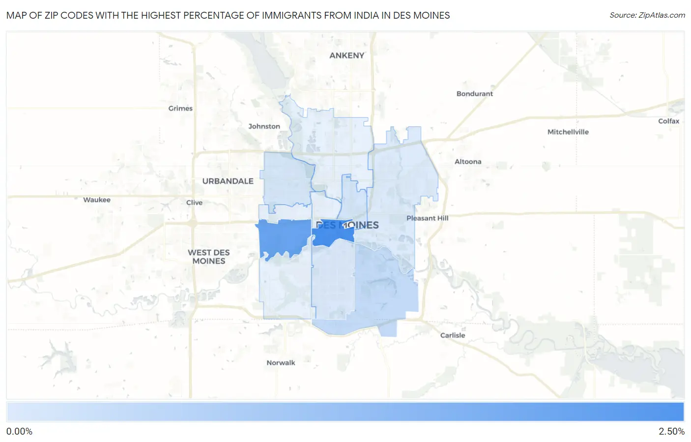 Zip Codes with the Highest Percentage of Immigrants from India in Des Moines Map
