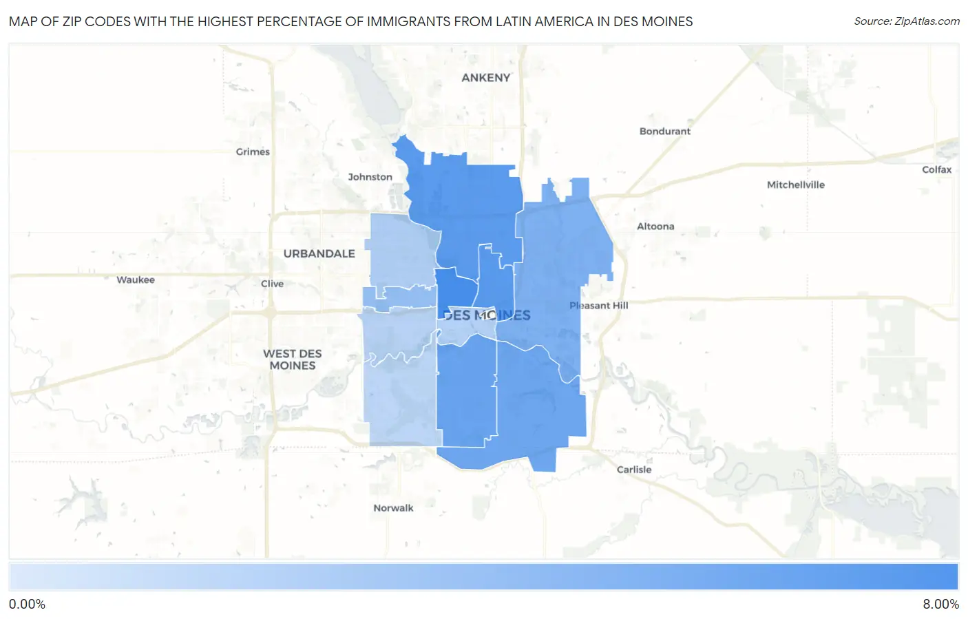 Zip Codes with the Highest Percentage of Immigrants from Latin America in Des Moines Map