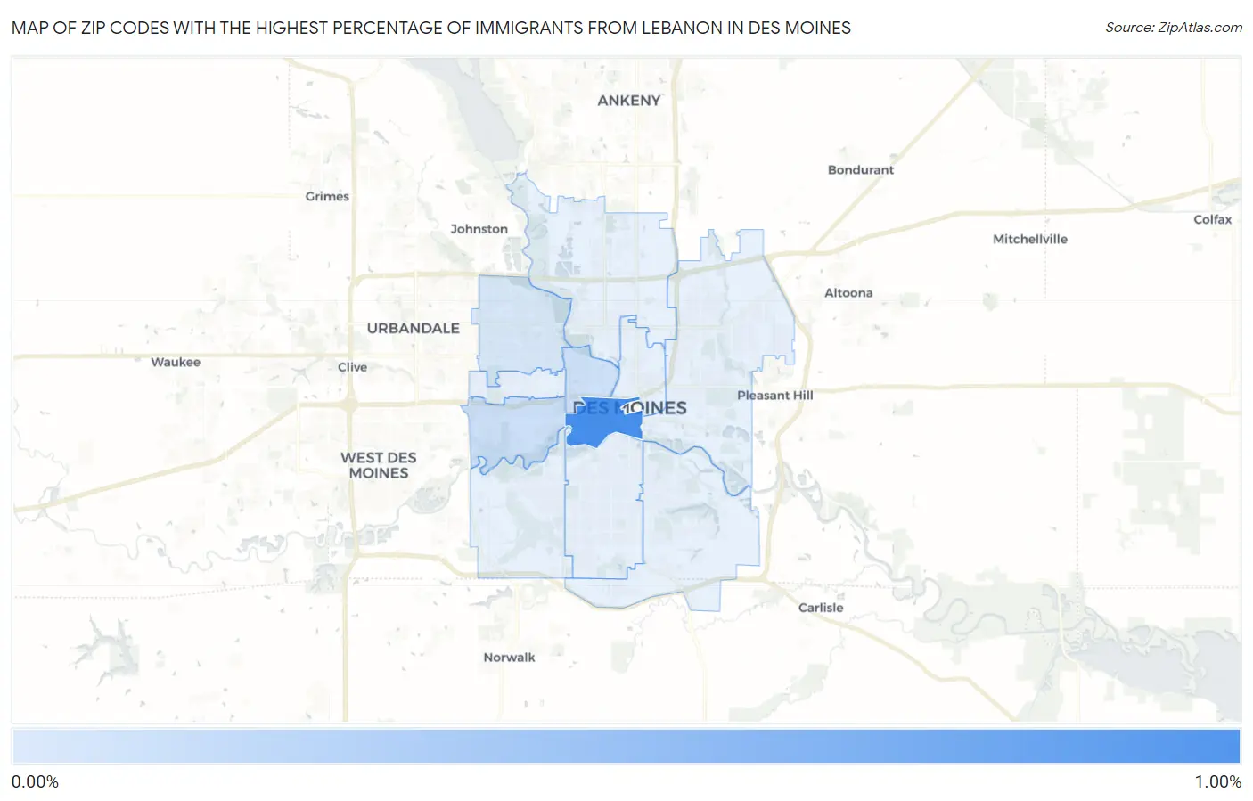 Zip Codes with the Highest Percentage of Immigrants from Lebanon in Des Moines Map