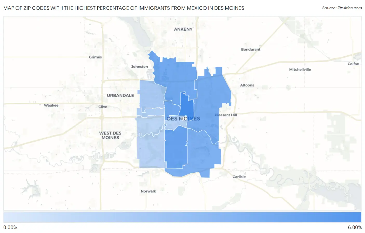 Zip Codes with the Highest Percentage of Immigrants from Mexico in Des Moines Map