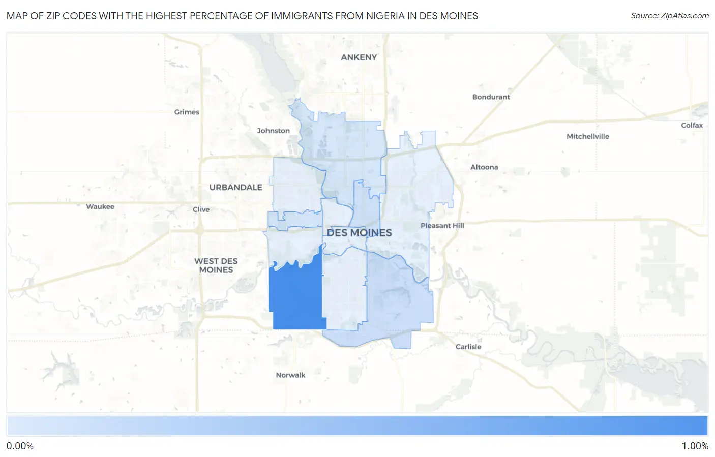 Zip Codes with the Highest Percentage of Immigrants from Nigeria in Des Moines Map
