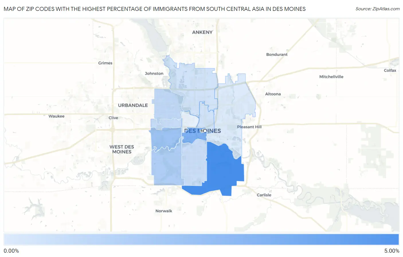 Zip Codes with the Highest Percentage of Immigrants from South Central Asia in Des Moines Map