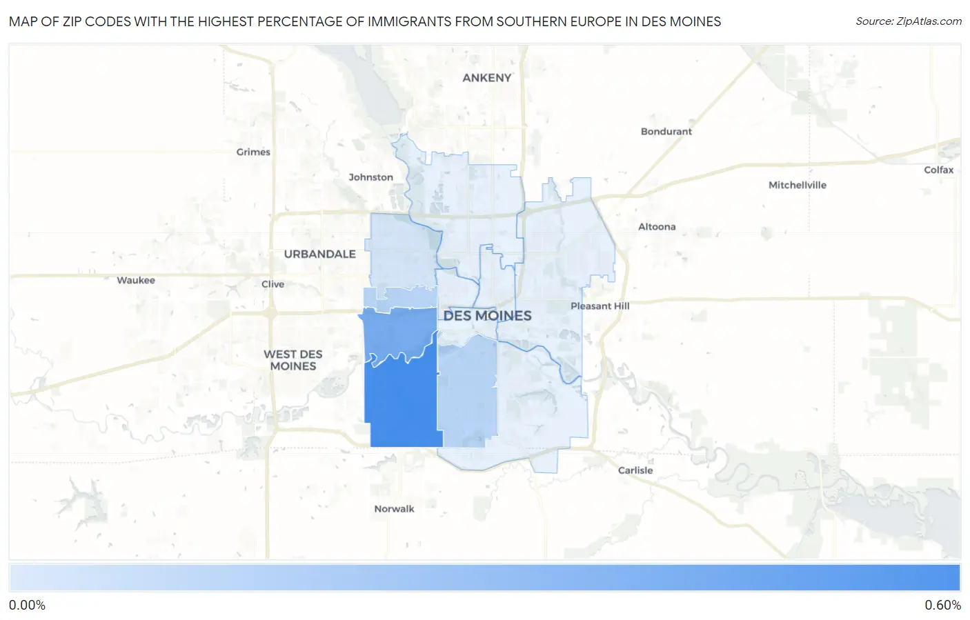 Zip Codes with the Highest Percentage of Immigrants from Southern Europe in Des Moines Map