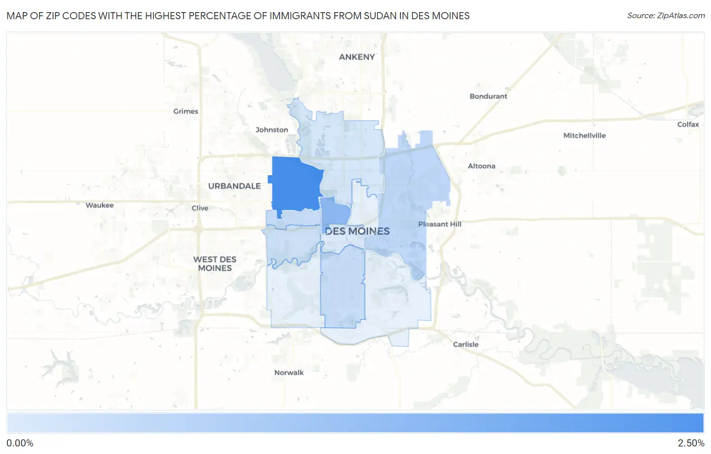 Zip Codes with the Highest Percentage of Immigrants from Sudan in Des Moines Map