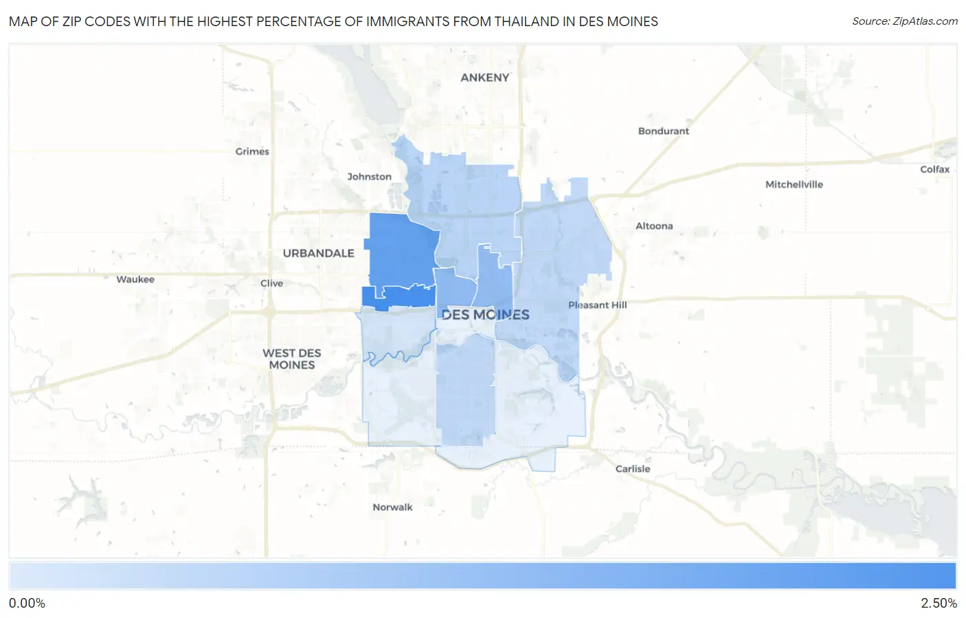 Zip Codes with the Highest Percentage of Immigrants from Thailand in Des Moines Map