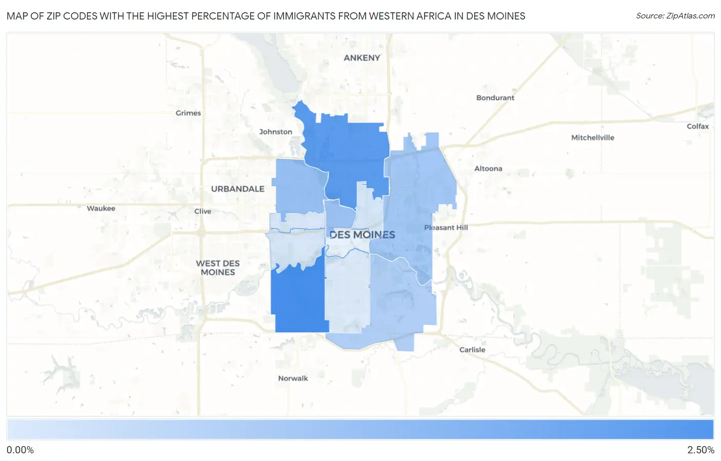 Zip Codes with the Highest Percentage of Immigrants from Western Africa in Des Moines Map