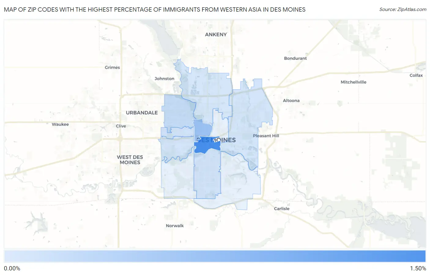 Zip Codes with the Highest Percentage of Immigrants from Western Asia in Des Moines Map