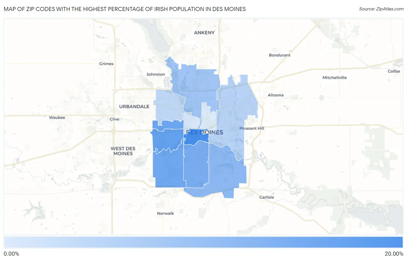Zip Codes with the Highest Percentage of Irish Population in Des Moines Map