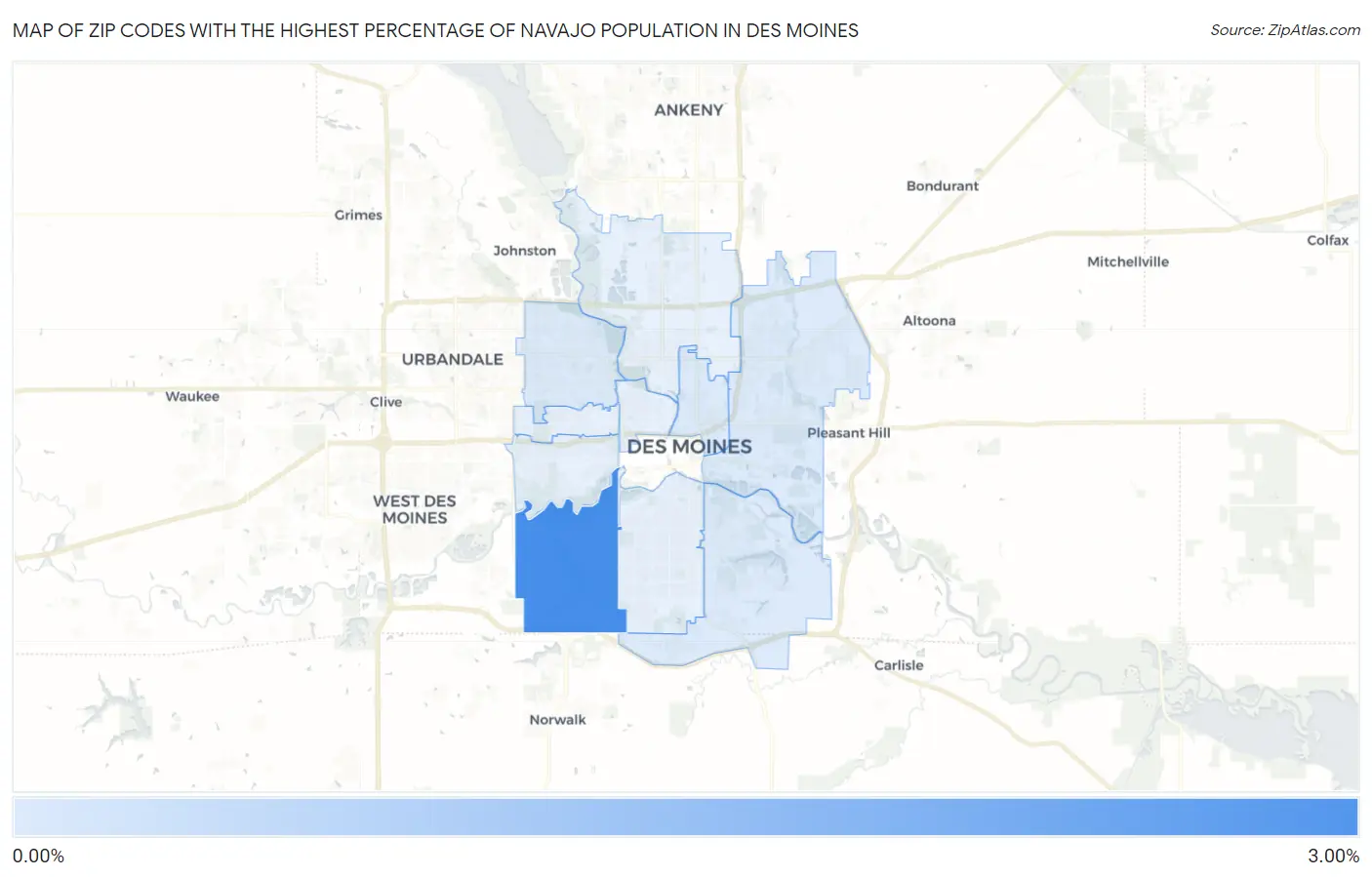 Zip Codes with the Highest Percentage of Navajo Population in Des Moines Map
