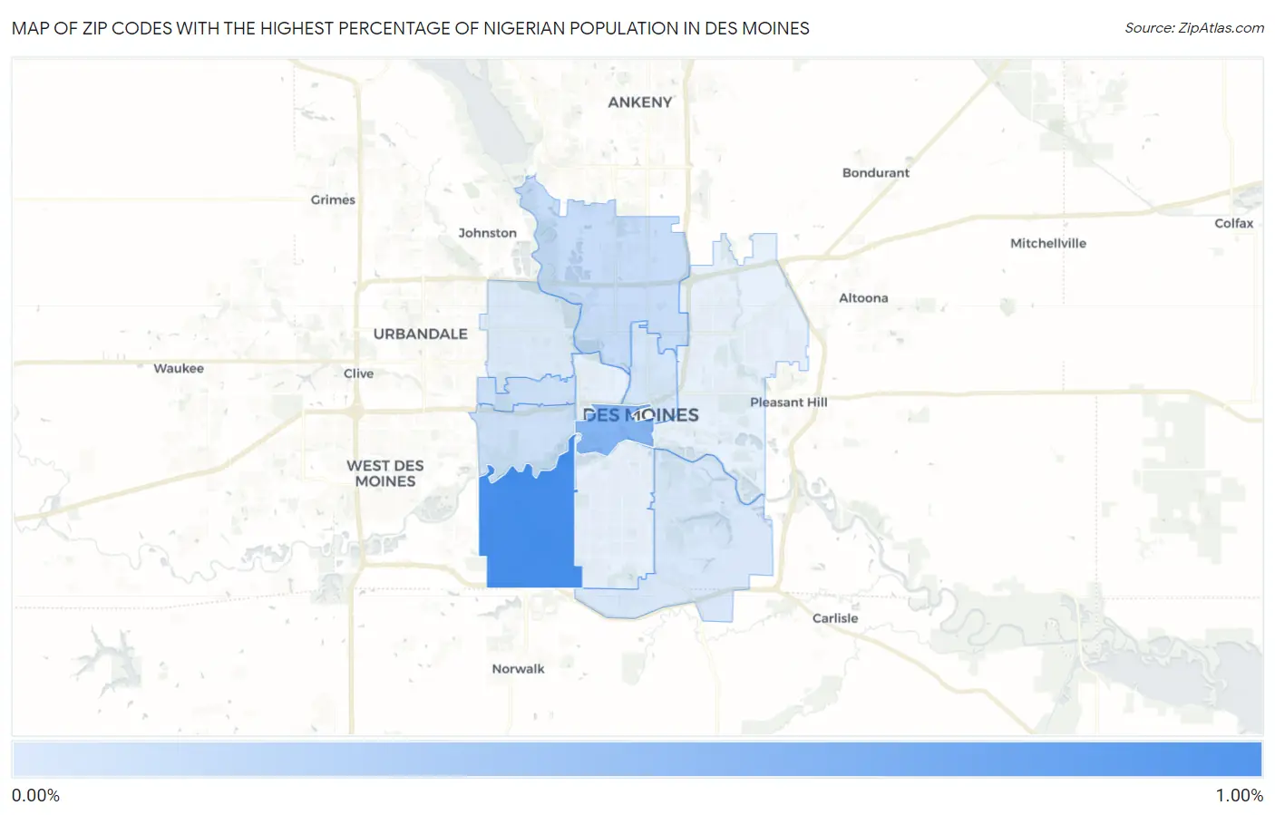 Zip Codes with the Highest Percentage of Nigerian Population in Des Moines Map