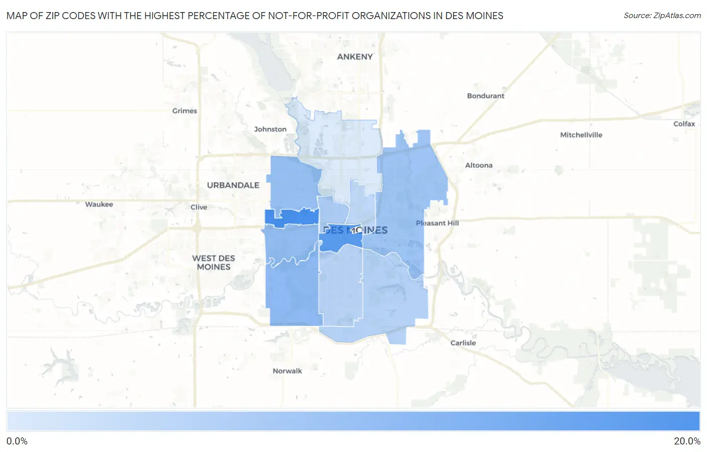 Zip Codes with the Highest Percentage of Not-for-profit Organizations in Des Moines Map