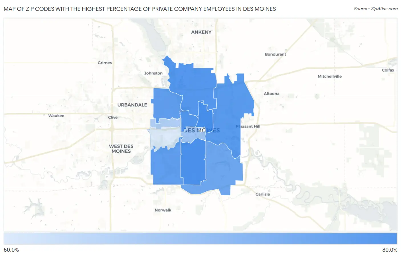 Zip Codes with the Highest Percentage of Private Company Employees in Des Moines Map