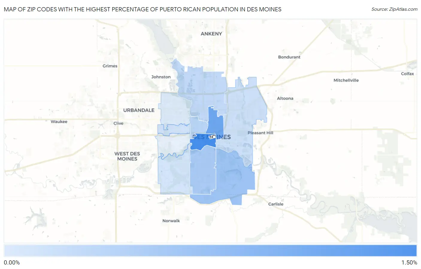Zip Codes with the Highest Percentage of Puerto Rican Population in Des Moines Map