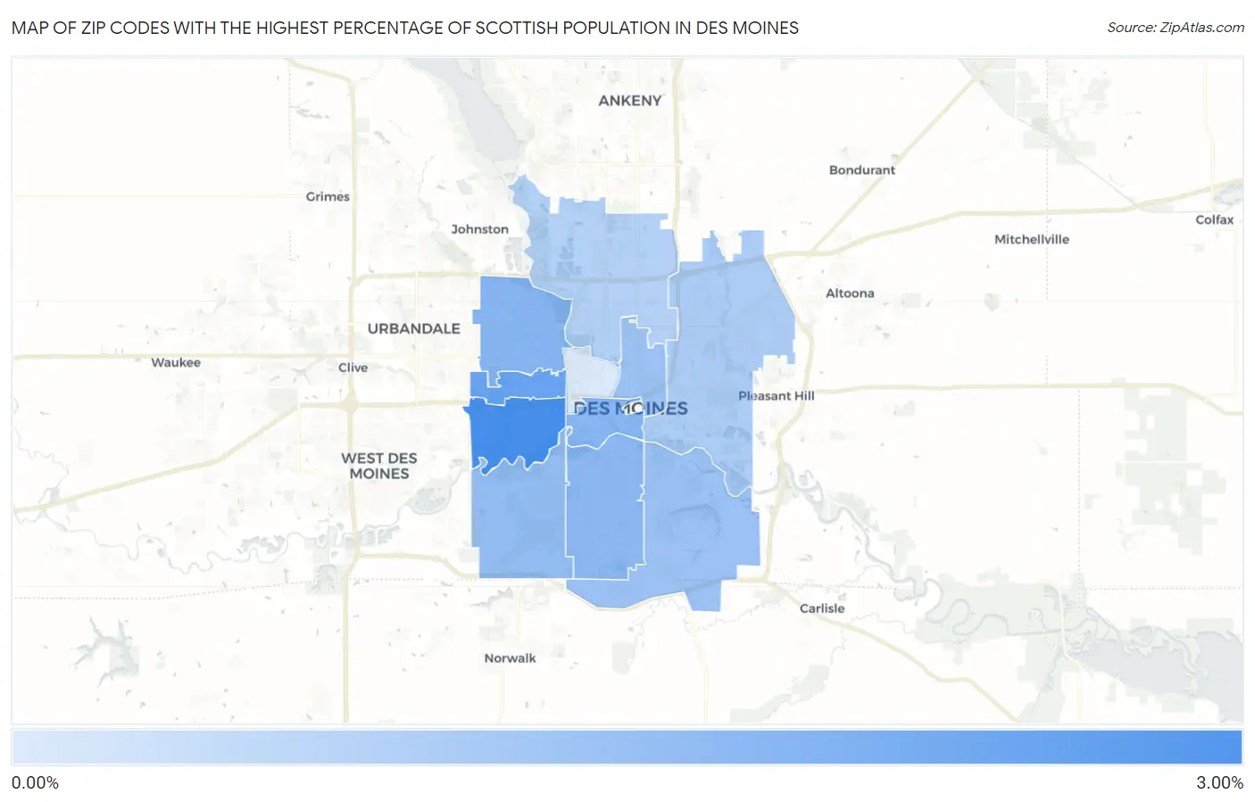 Zip Codes with the Highest Percentage of Scottish Population in Des Moines Map